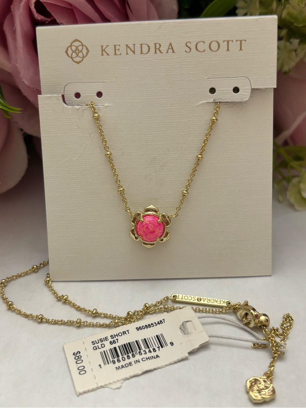 NWT Kendra Scott Gold Susie Necklace In Hot Pink Kyocera Opal